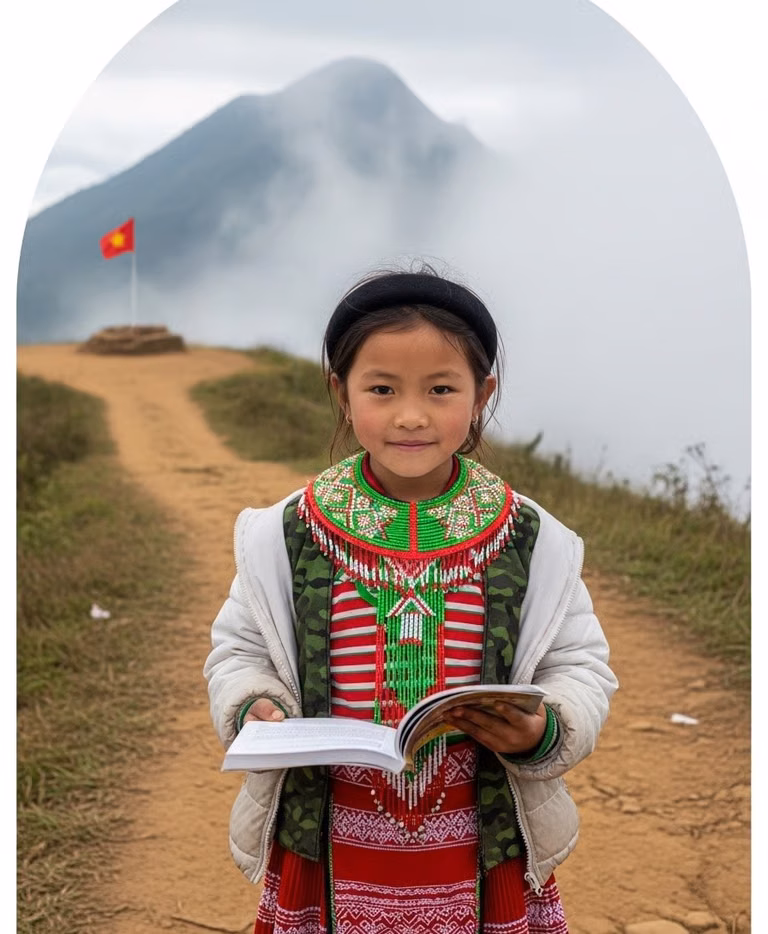 A young student holding an open book in a rural mountain community