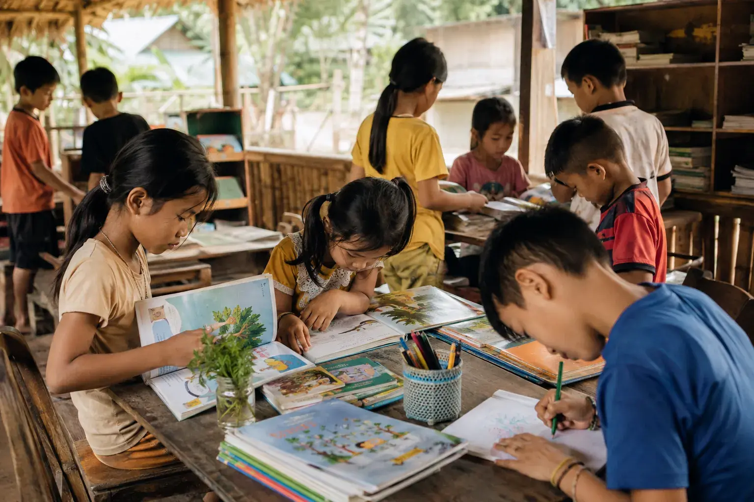 Children exploring books and learning materials together