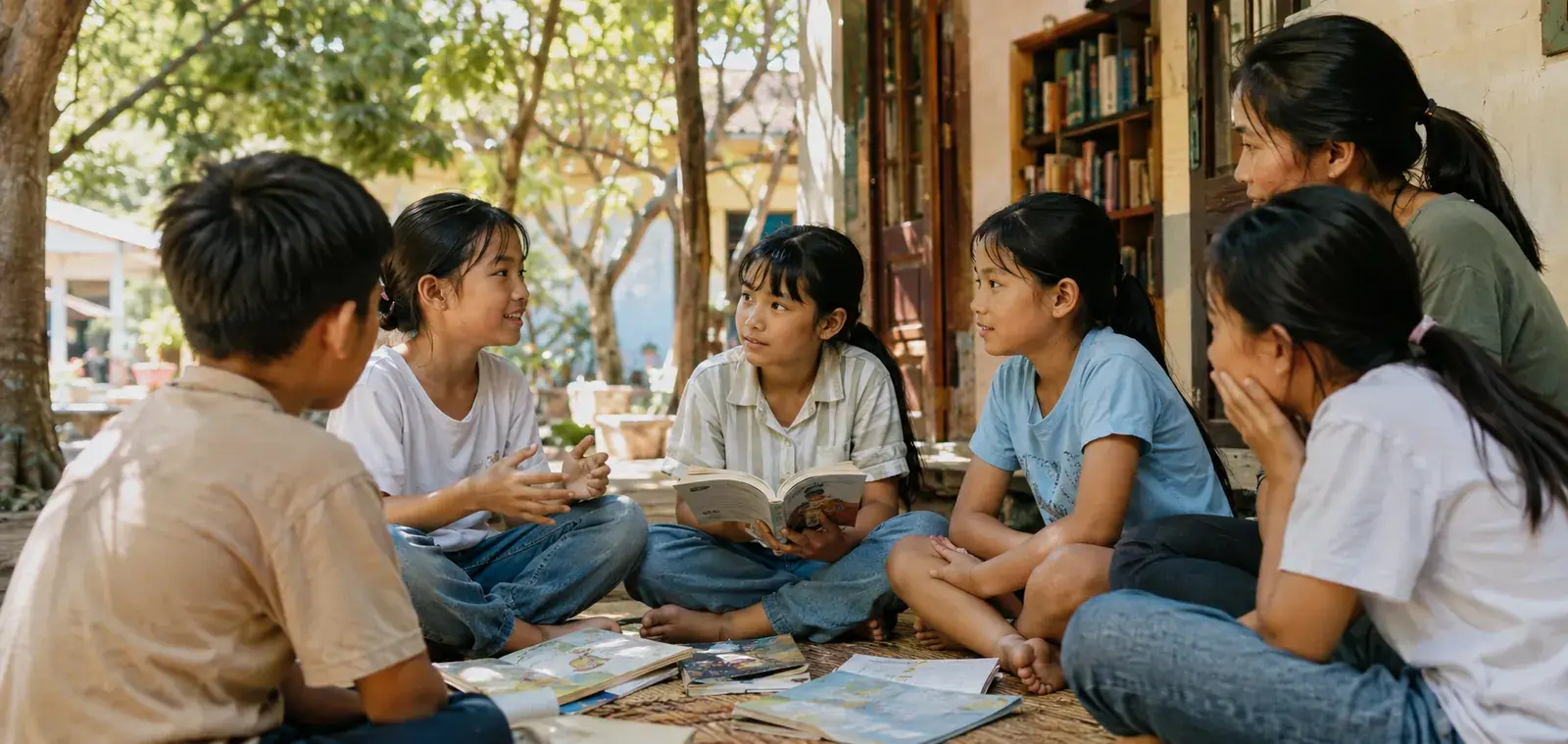 Children sharing ideas in an outdoor community reading circle