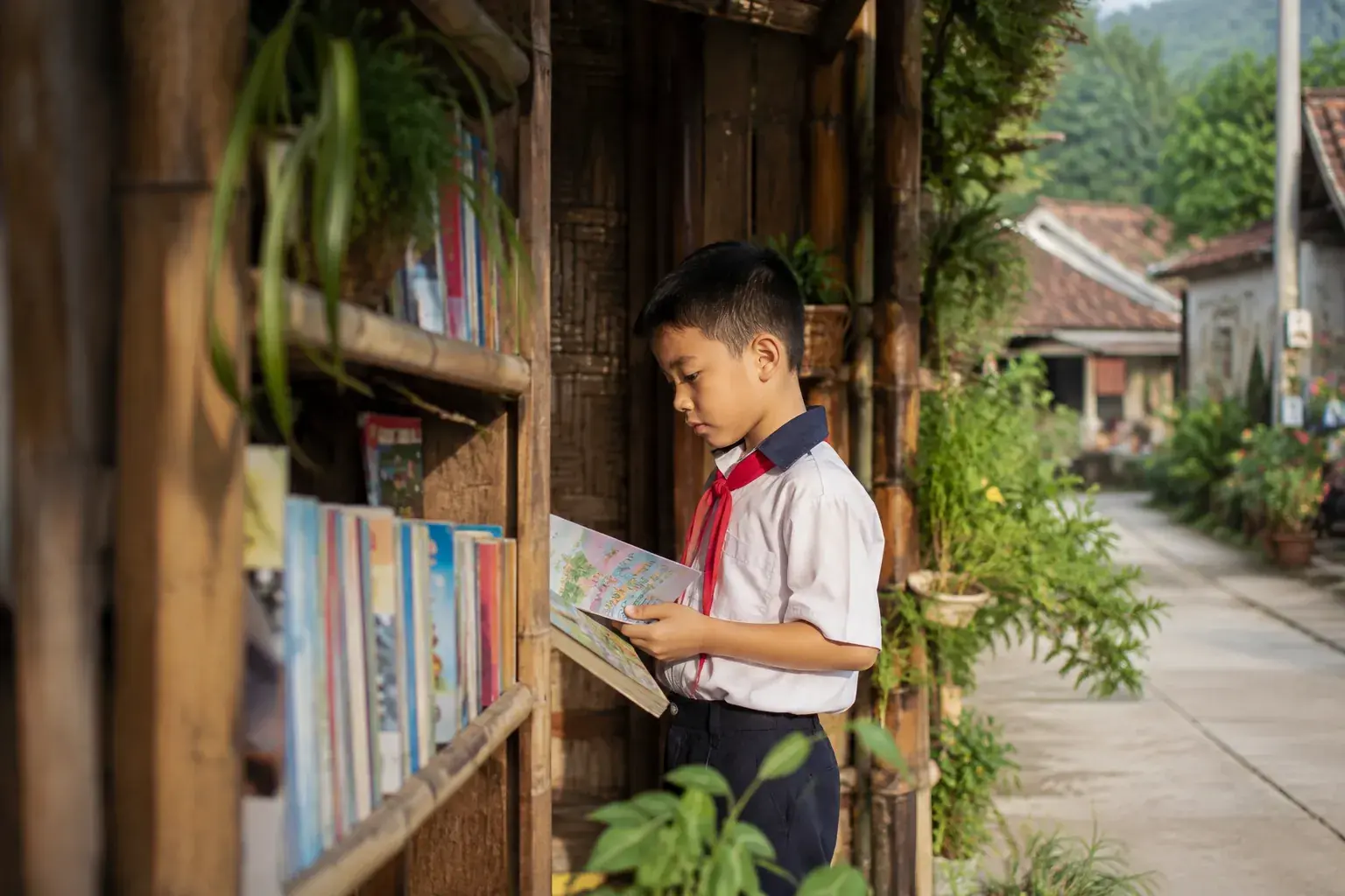 A child discovering a book at a community street library