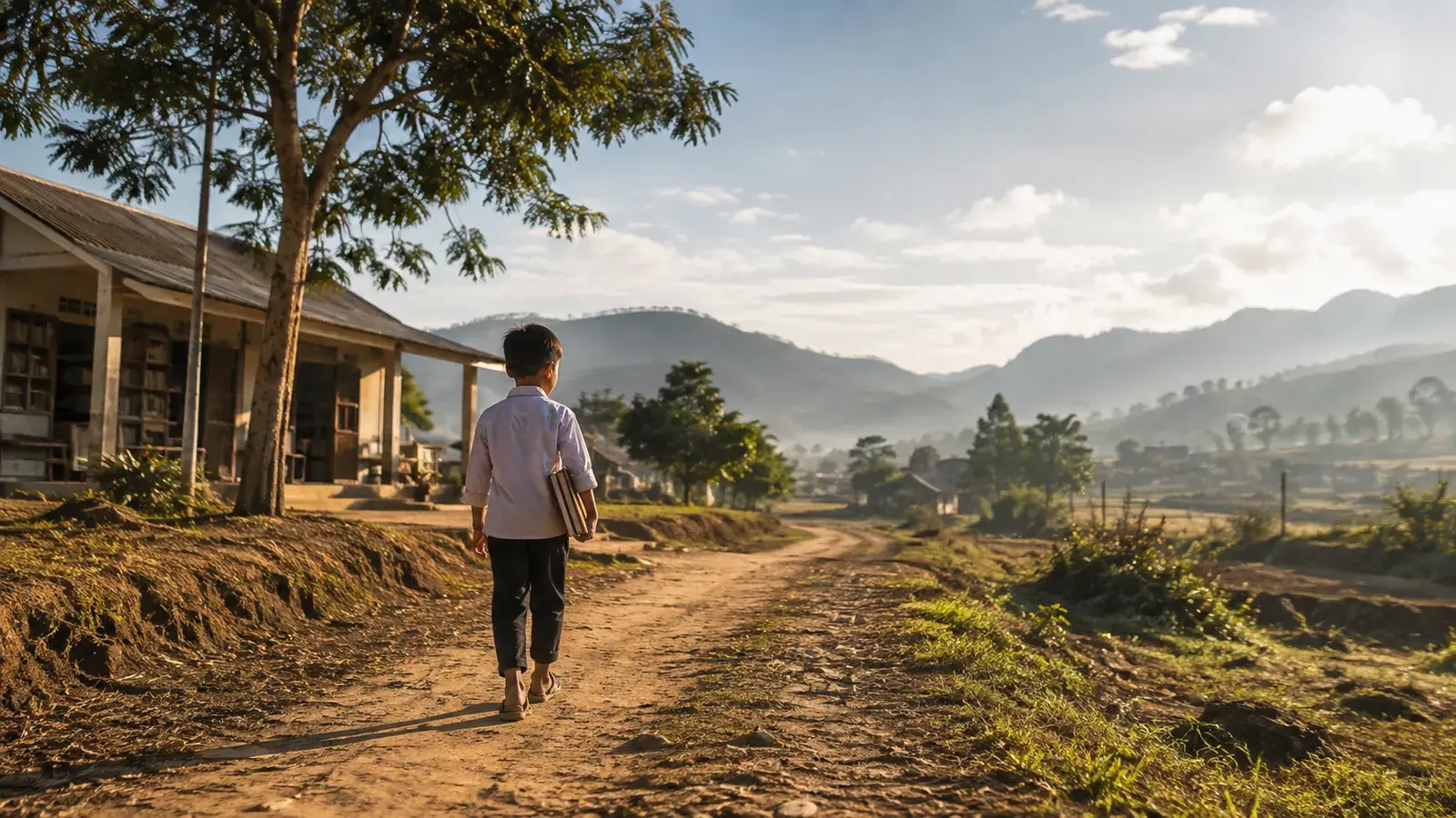 A student carrying books along a sunlit rural path